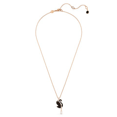 Swan pendant, Swan, Black, Rose gold-tone plated