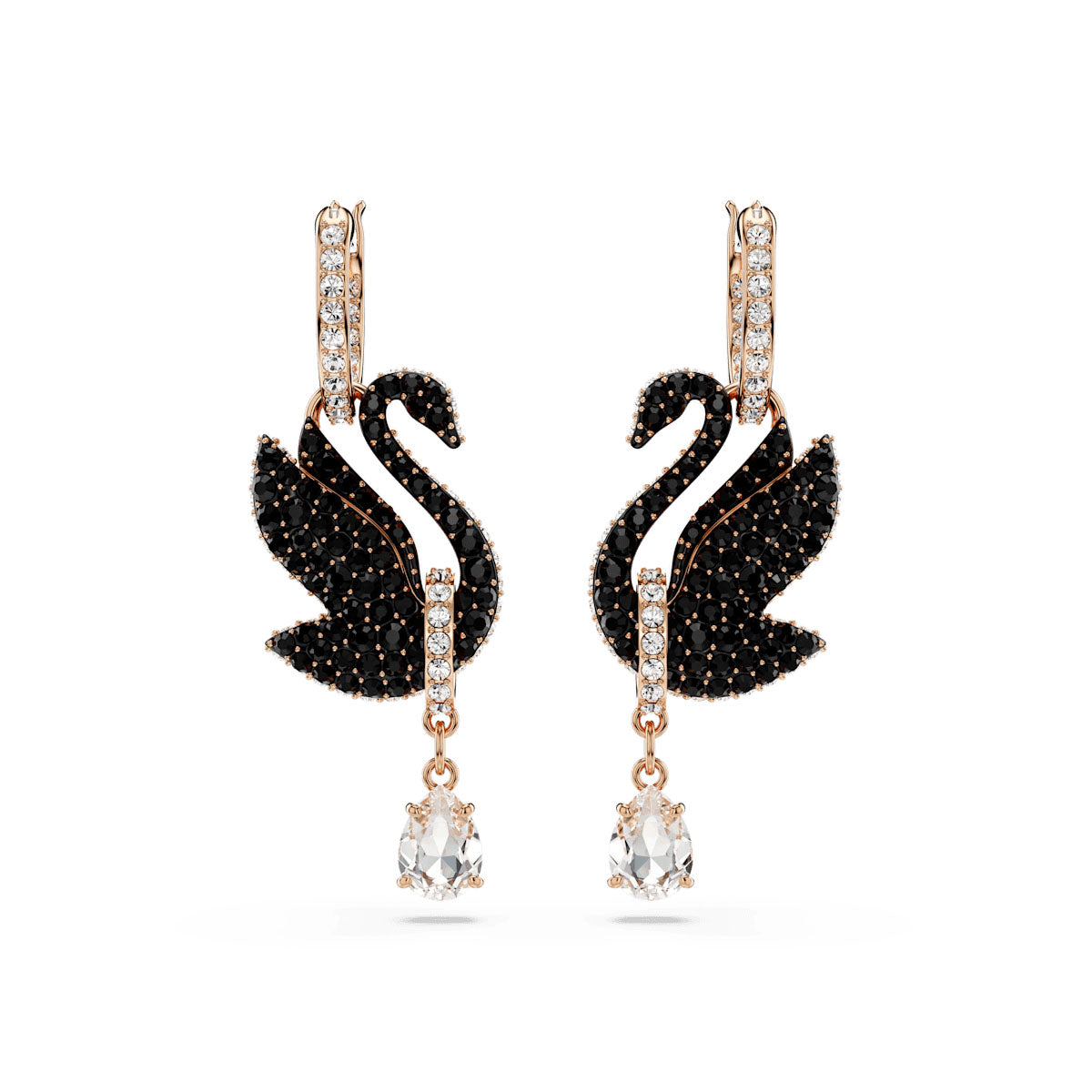 Swan drop earrings, Swan, Black, Rose gold-tone plated