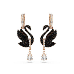 Swan drop earrings, Swan, Black, Rose gold-tone plated
