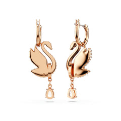 Swan drop earrings, Swan, Black, Rose gold-tone plated