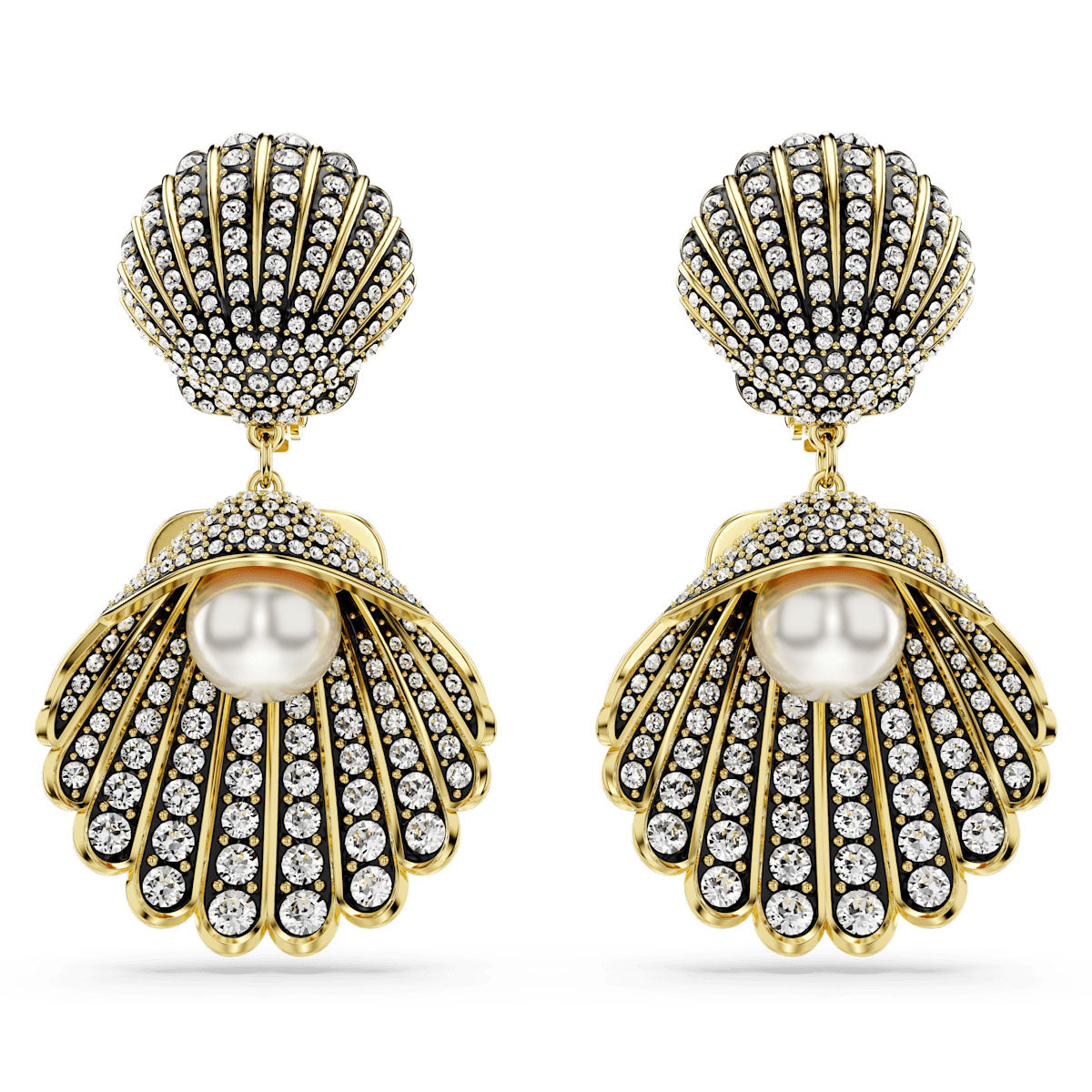 Idyllia clip earrings, Crystal pearl, Shell, White, Gold-tone plated