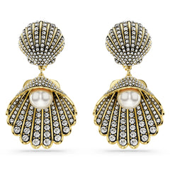 Idyllia clip earrings, Crystal pearl, Shell, White, Gold-tone plated