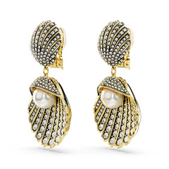Idyllia clip earrings, Crystal pearl, Shell, White, Gold-tone plated