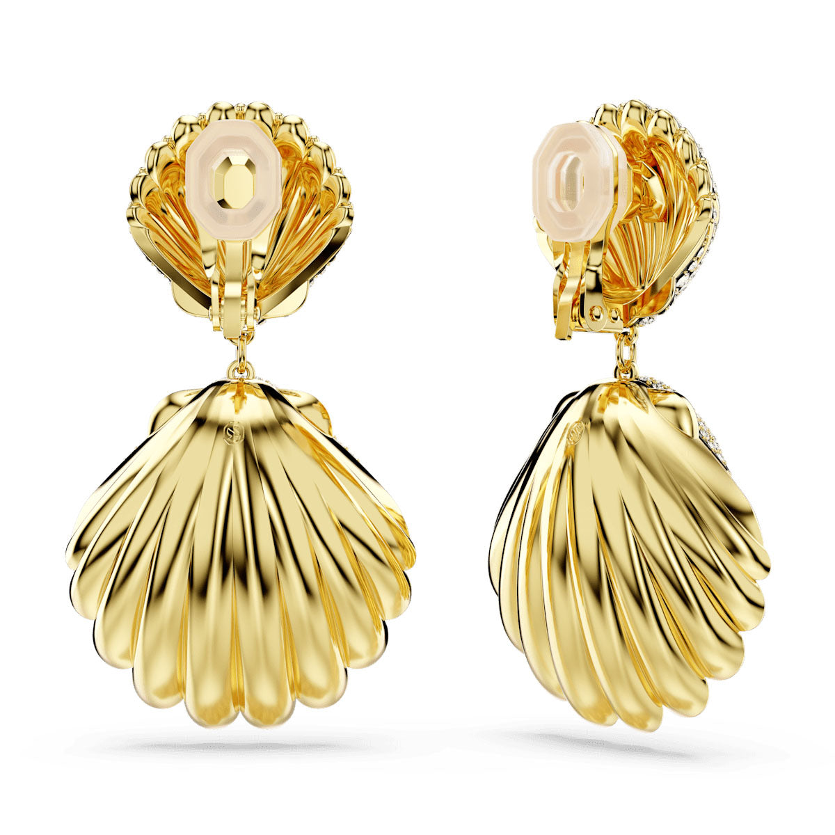 Idyllia clip earrings, Crystal pearl, Shell, White, Gold-tone plated