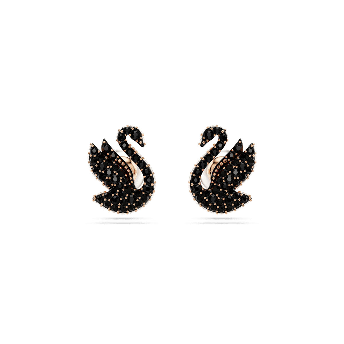 Swan stud earrings, Crystal pearl, Swan, Black, Rose gold-tone plated