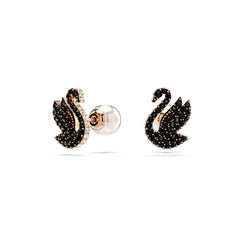 Swan stud earrings, Crystal pearl, Swan, Black, Rose gold-tone plated