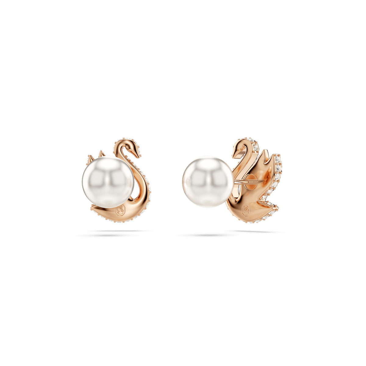 Swan stud earrings, Crystal pearl, Swan, Black, Rose gold-tone plated