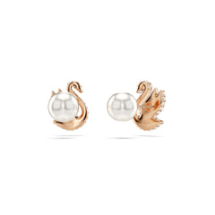 Swan stud earrings, Crystal pearl, Swan, Black, Rose gold-tone plated