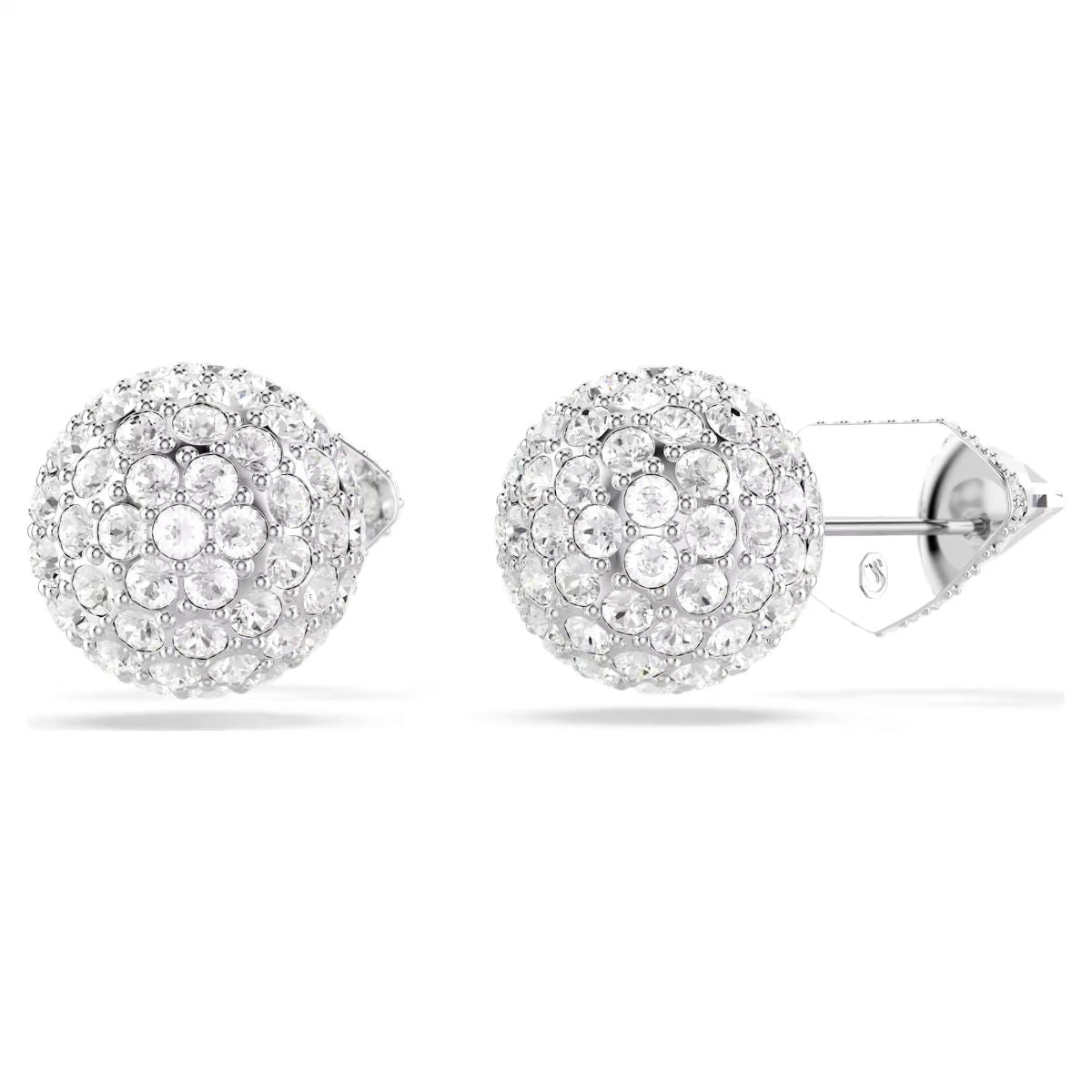 Lucent stud earrings, Pavé, Ball, White, Rhodium plated