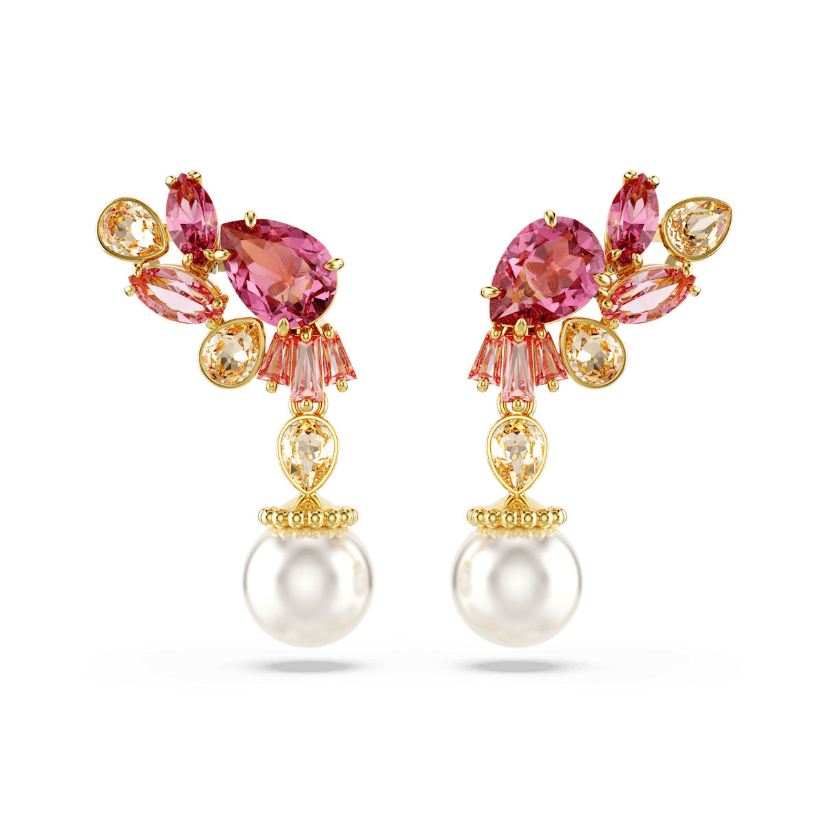 Gema drop earrings, Mixed cuts, Crystal pearls, Flower, Pink, Gold-tone plated