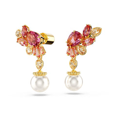 Gema drop earrings, Mixed cuts, Crystal pearls, Flower, Pink, Gold-tone plated