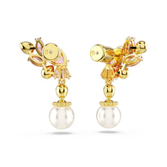 Gema drop earrings, Mixed cuts, Crystal pearls, Flower, Pink, Gold-tone plated