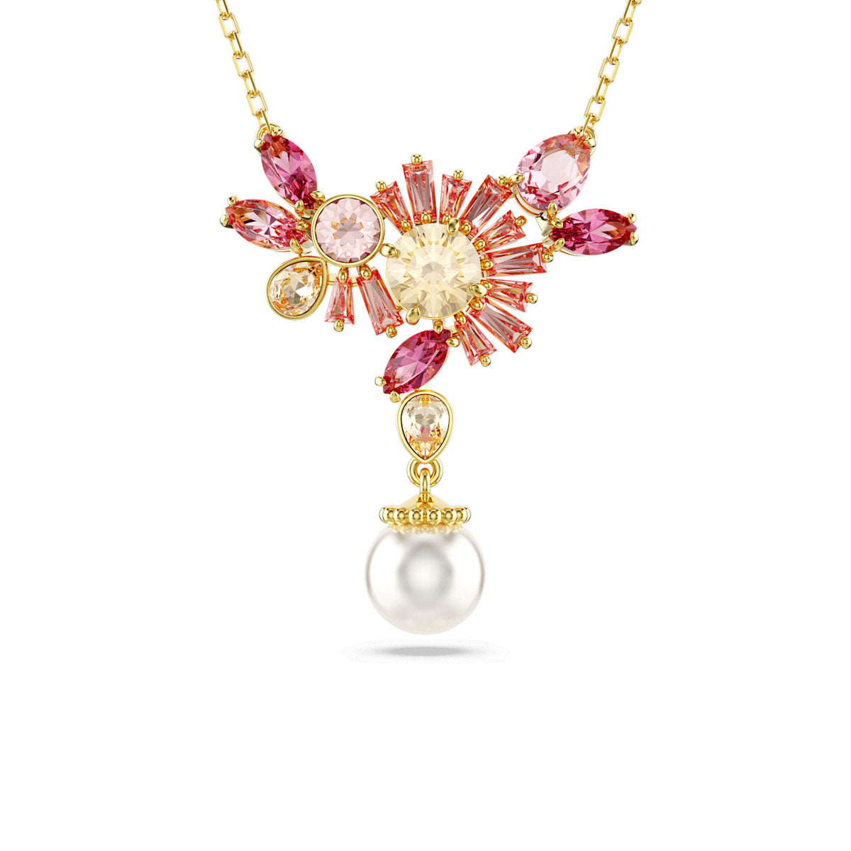 Gema pendant, Mixed cuts, Crystal pearl, Flower, Pink, Gold-tone plated