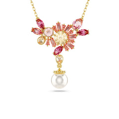 Gema pendant, Mixed cuts, Crystal pearl, Flower, Pink, Gold-tone plated