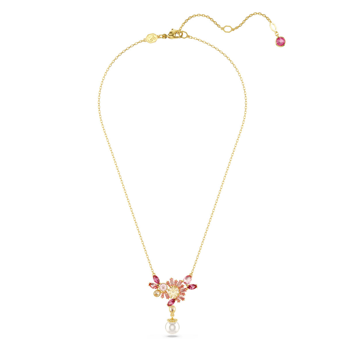 Gema pendant, Mixed cuts, Crystal pearl, Flower, Pink, Gold-tone plated