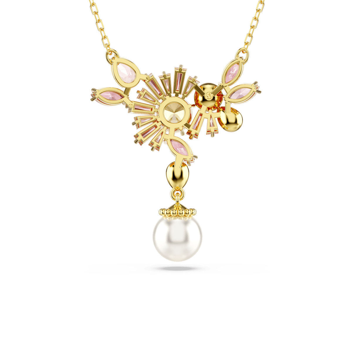 Gema pendant, Mixed cuts, Crystal pearl, Flower, Pink, Gold-tone plated