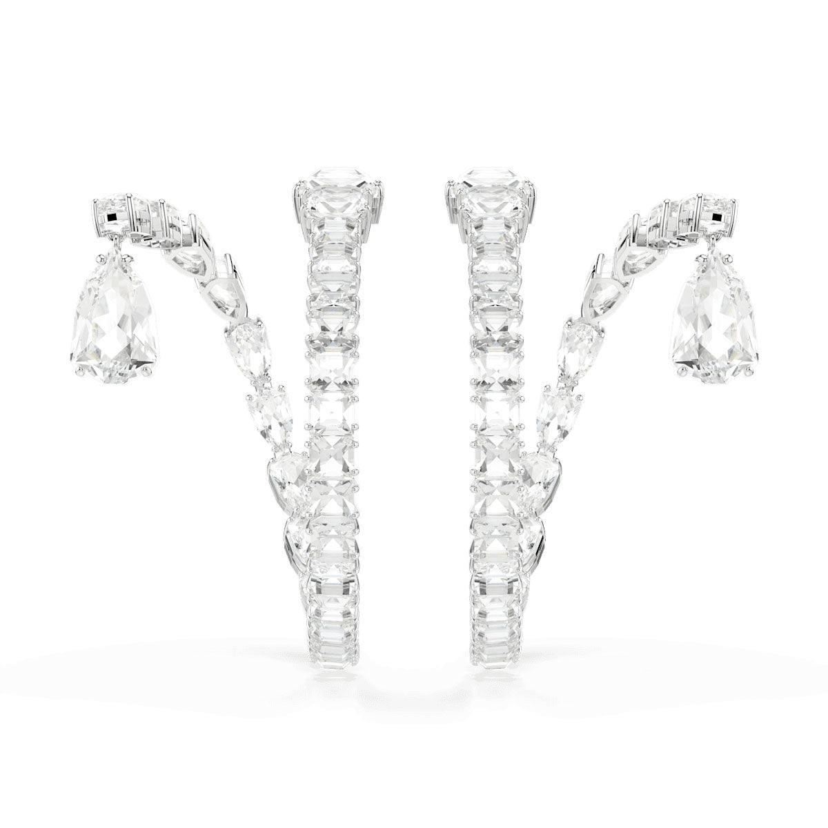 Matrix hoop earrings, Mixed cuts, White, Rhodium plated