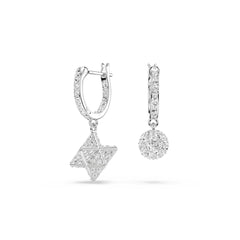 Dextera drop earrings, Asymmetrical design, Round cut, Star and sphere, White, Rhodium plated
