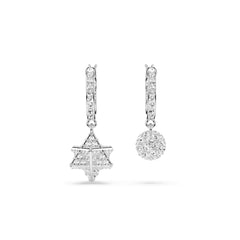 Dextera drop earrings, Asymmetrical design, Round cut, Star and sphere, White, Rhodium plated