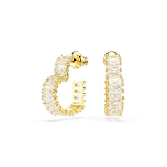 Matrix hoop earrings, Baguette cut, Heart, Small, White, Gold-tone plated