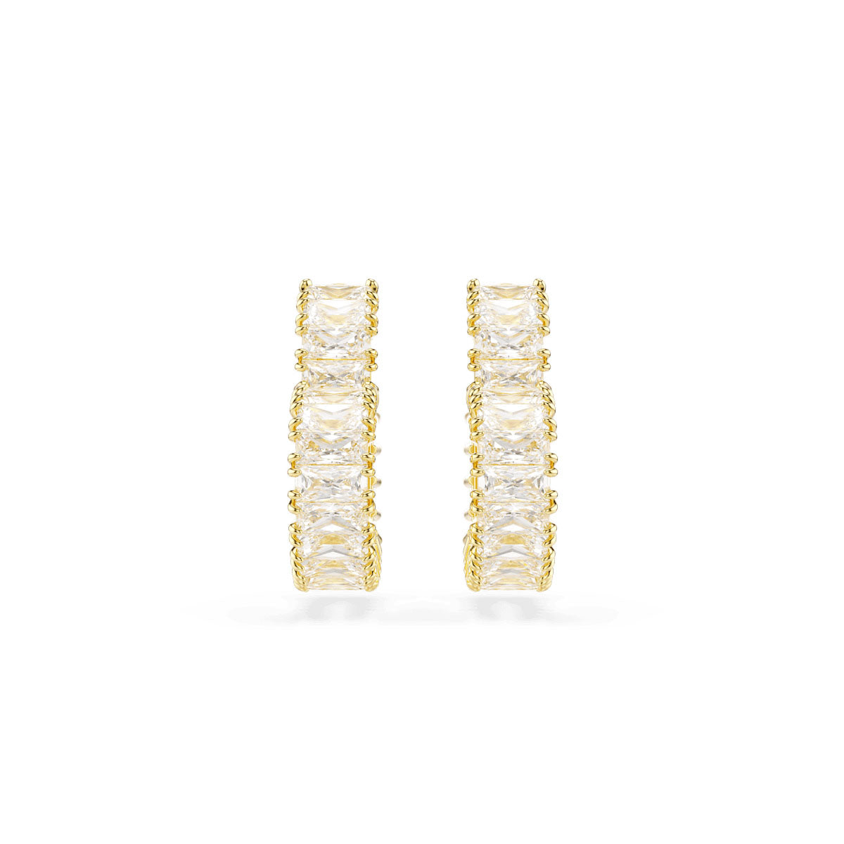 Matrix hoop earrings, Baguette cut, Heart, Small, White, Gold-tone plated