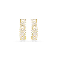 Matrix hoop earrings, Baguette cut, Heart, Small, White, Gold-tone plated