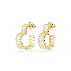 Matrix hoop earrings, Baguette cut, Heart, Small, White, Gold-tone plated