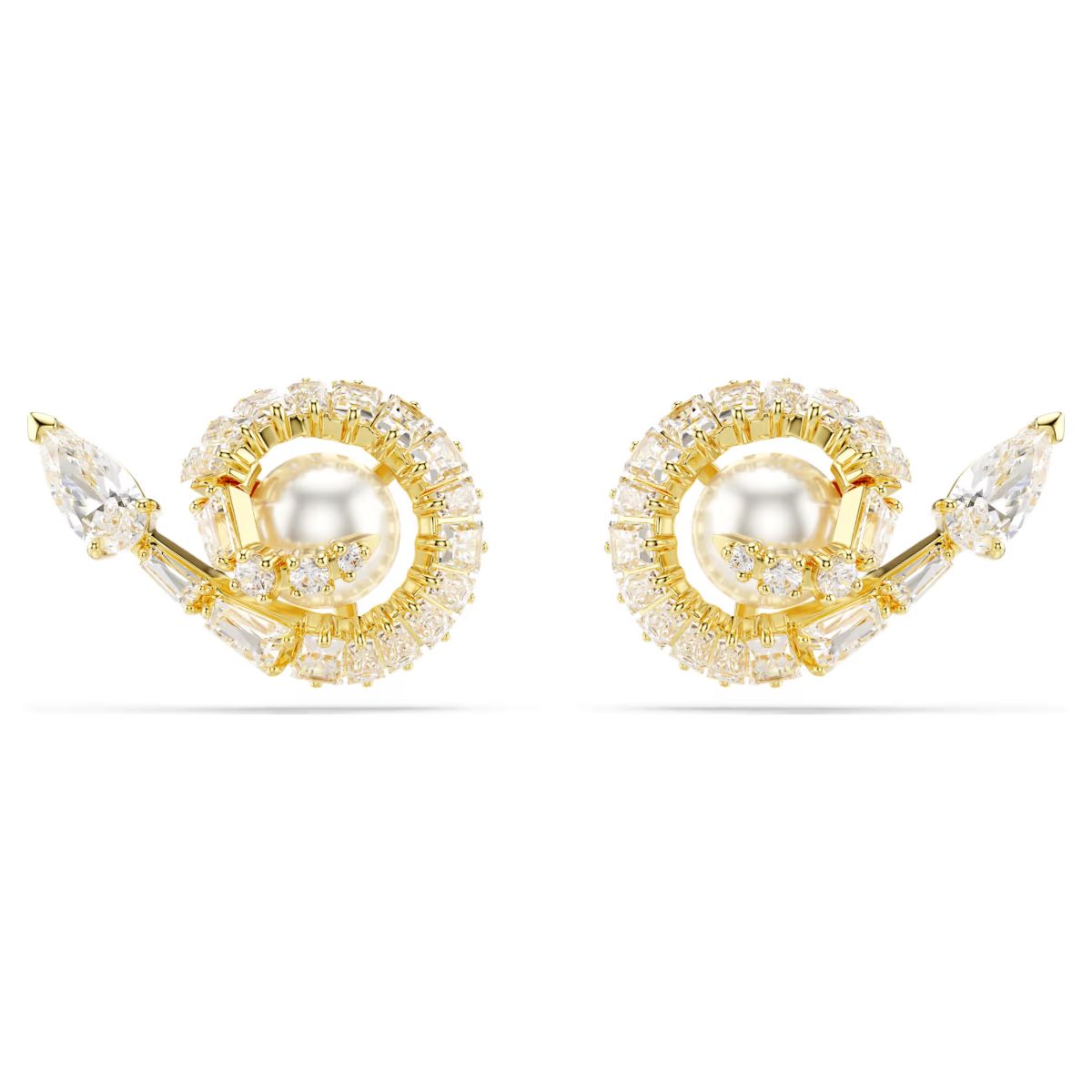 Snake stud earrings, Crystal pearl, Mixed cuts, Year of the Snake, White, Gold-tone plated