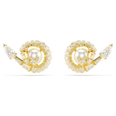 Snake stud earrings, Crystal pearl, Mixed cuts, Year of the Snake, White, Gold-tone plated