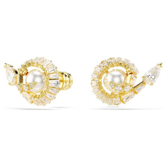 Snake stud earrings, Crystal pearl, Mixed cuts, Year of the Snake, White, Gold-tone plated