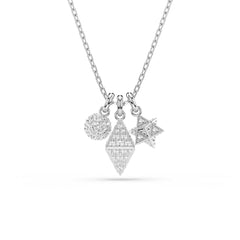 Dextera pendant, Round cut, Sphere and cube, White, Rhodium plated