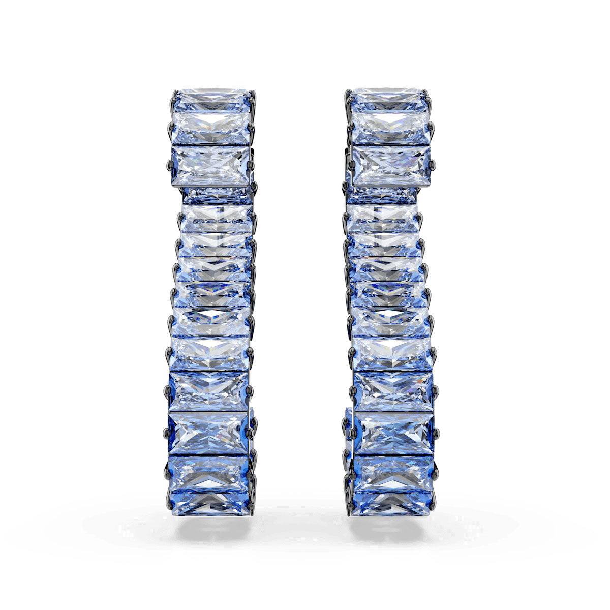Matrix drop earrings, Baguette cut, Blue, Ruthenium plated