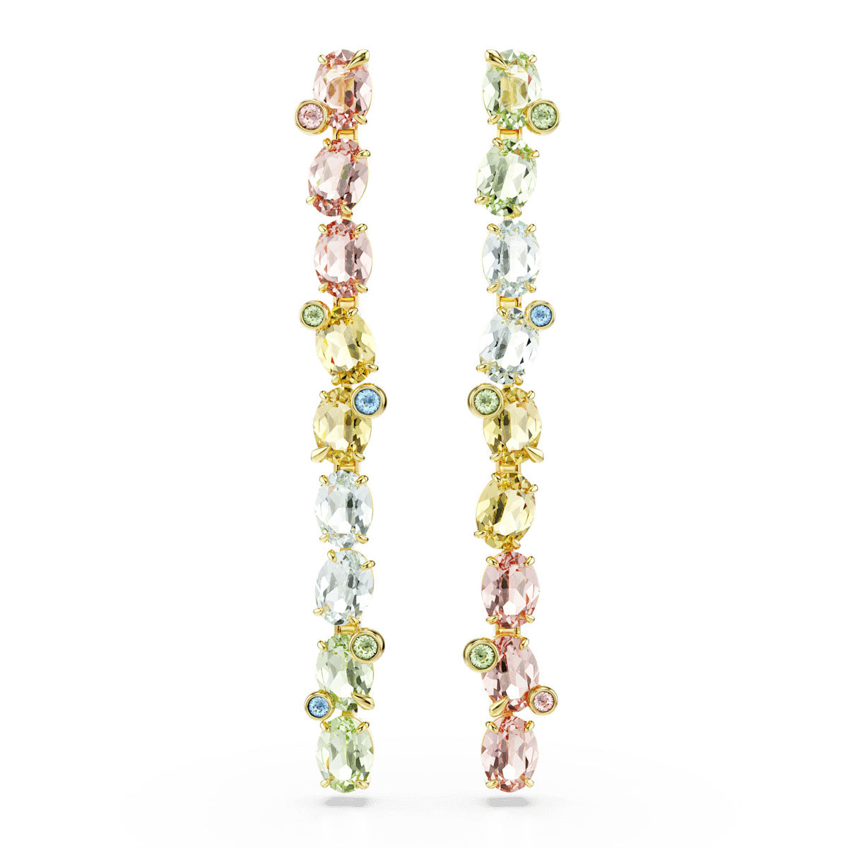 Gema drop earrings, Asymmetrical design, Mixed cuts, Long, Multicolored, Gold-tone plated