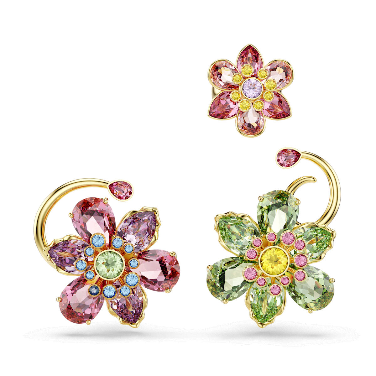 Idyllia ear cuff, Set (3), Asymmetrical design, Mixed cuts, Flower, Multicolored, Gold-tone plated