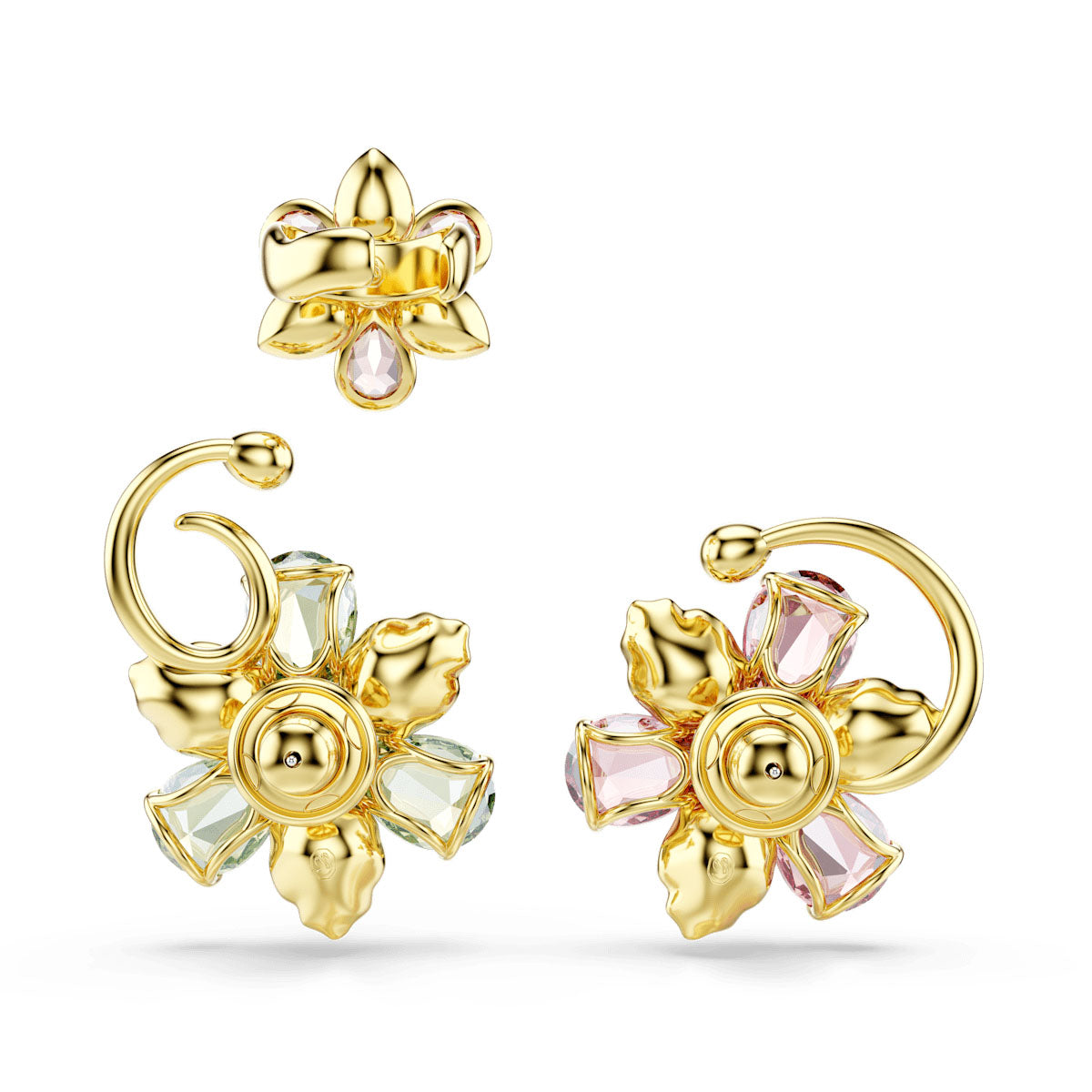 Idyllia ear cuff, Set (3), Asymmetrical design, Mixed cuts, Flower, Multicolored, Gold-tone plated