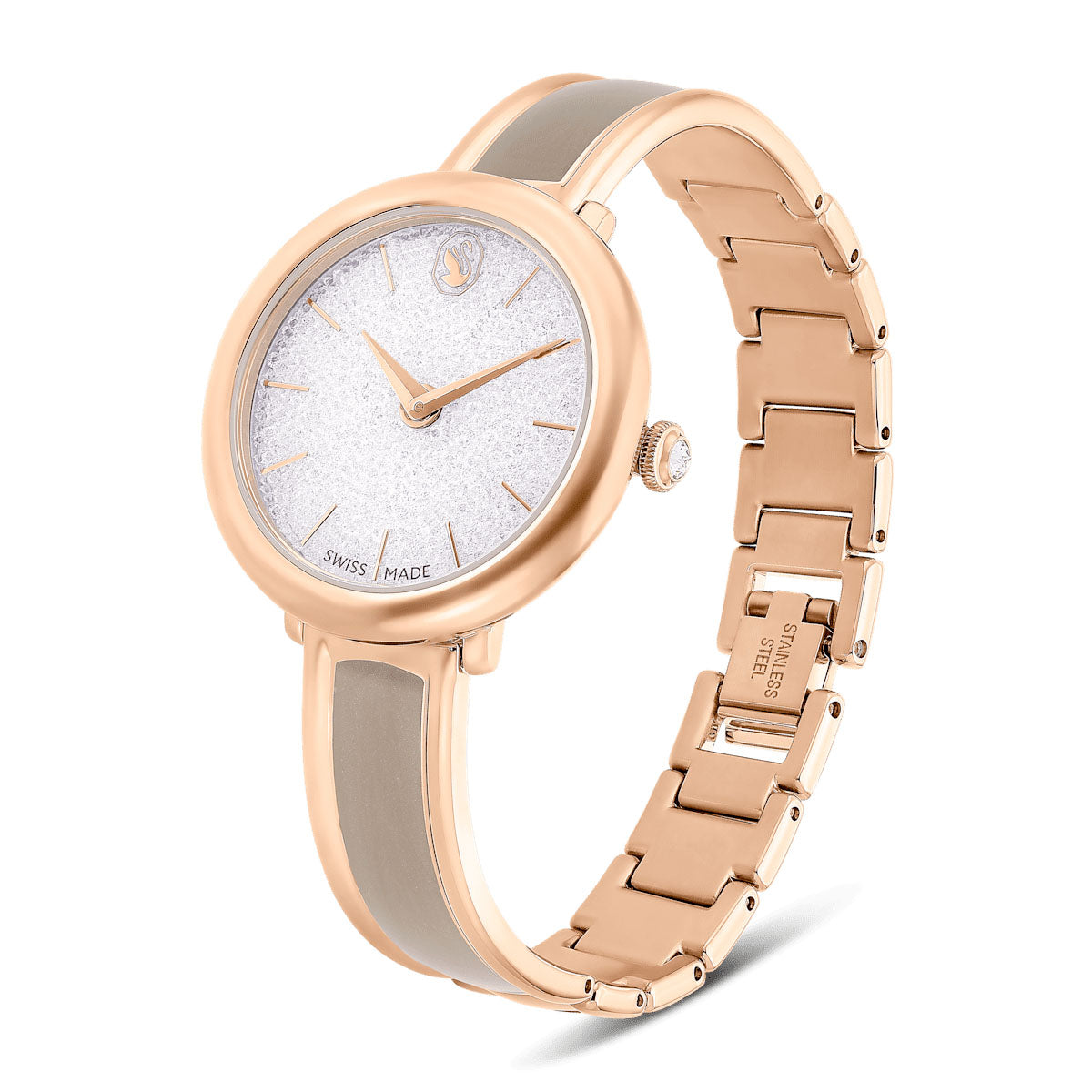 Crystalline Bangle watch, Swiss Made, Metal bracelet, Beige, Rose gold-tone finish