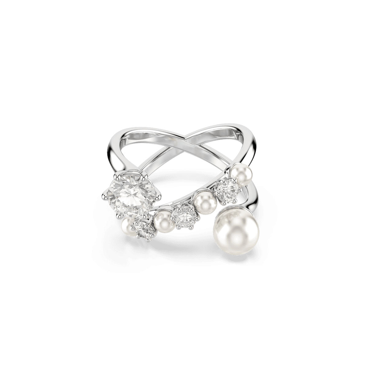 Matrix cocktail ring, Crystal pearl, Round cut, White, Rhodium plated