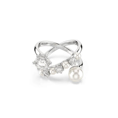 Matrix cocktail ring, Crystal pearl, Round cut, White, Rhodium plated