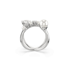 Matrix cocktail ring, Crystal pearl, Round cut, White, Rhodium plated