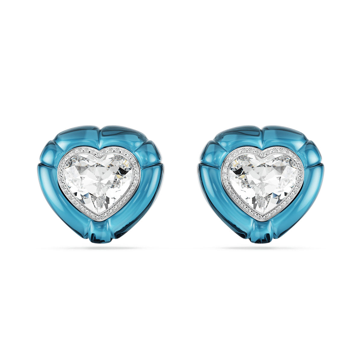 Dulcis clip earrings, Heart cut, Pavé, Heart, Blue, Rhodium plated