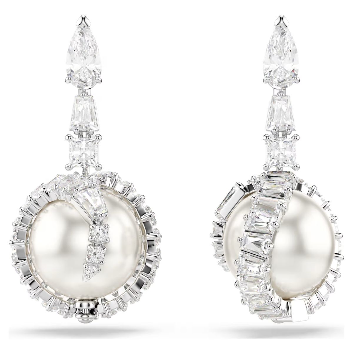 Snake drop earrings, Crystal pearl, Mixed cuts, Year of the Snake, White, Rhodium plated