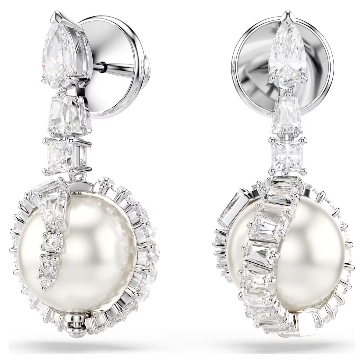 Snake drop earrings, Crystal pearl, Mixed cuts, Year of the Snake, White, Rhodium plated