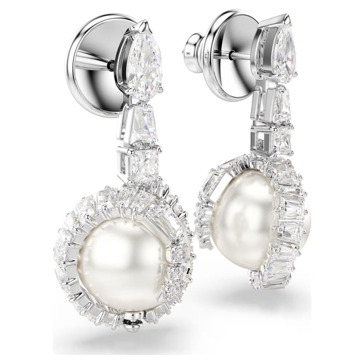 Snake drop earrings, Crystal pearl, Mixed cuts, Year of the Snake, White, Rhodium plated