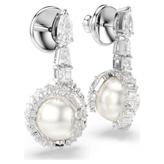 Snake drop earrings, Crystal pearl, Mixed cuts, Year of the Snake, White, Rhodium plated