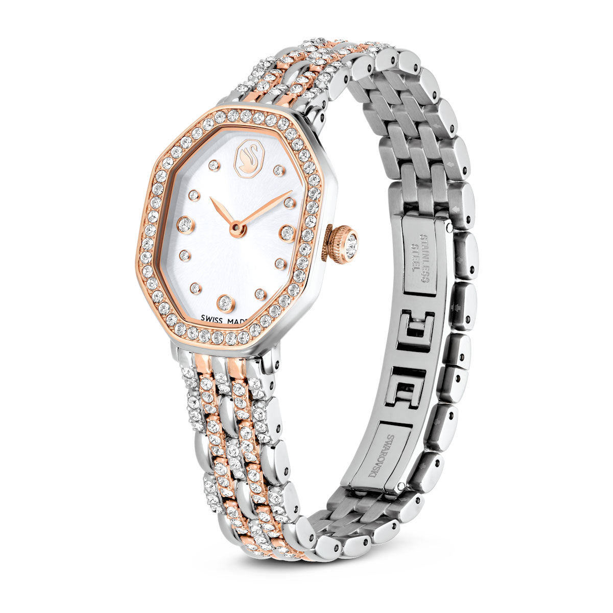 Dextera Octagon watch, Swiss Made, Metal bracelet, Silver tone, Rose gold-tone finish