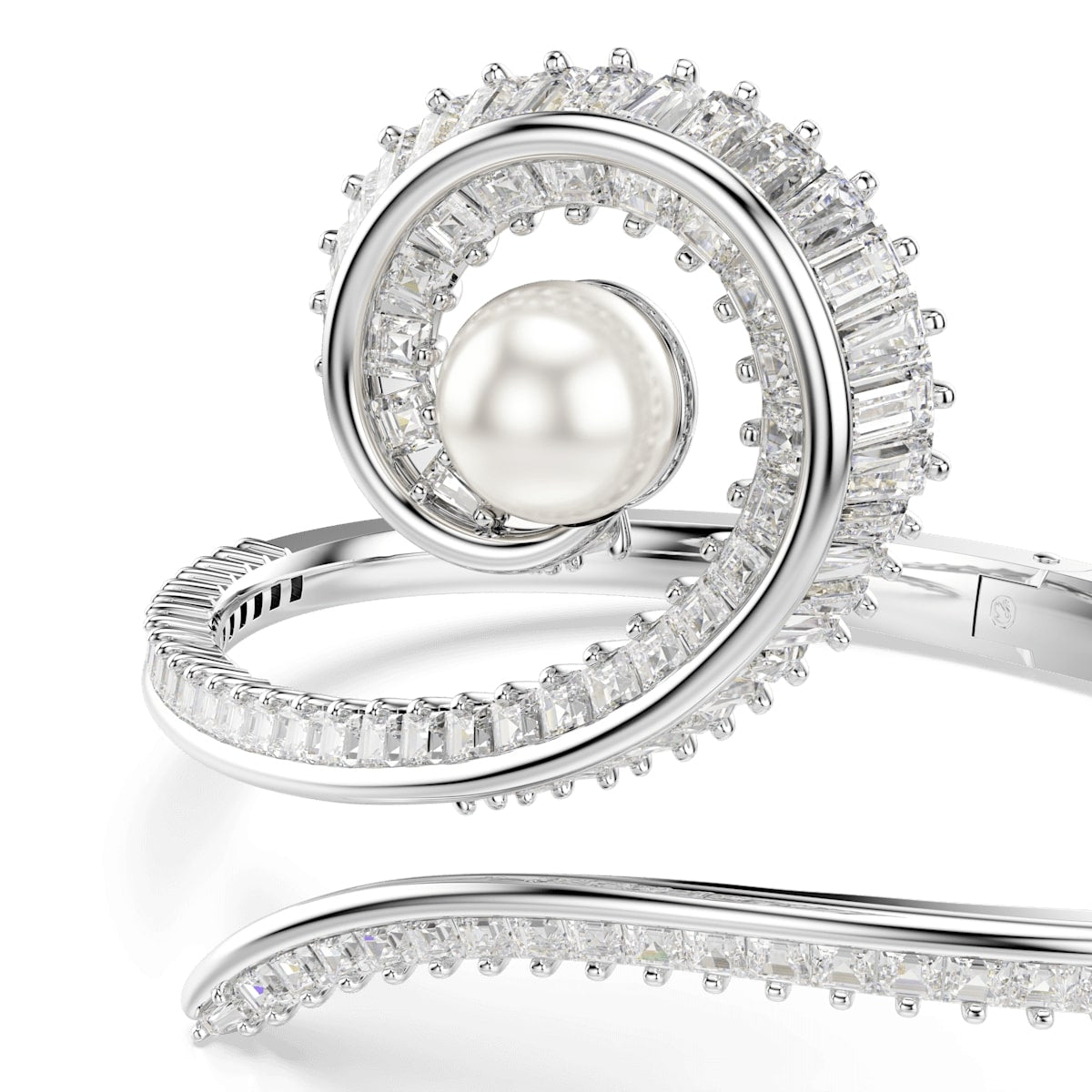 Ariana Grande x Swarovski bangle, Crystal pearl, Baguette cut, White, Rhodium plated