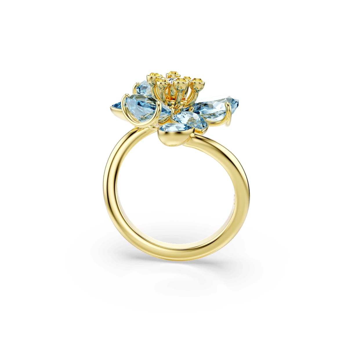 Idyllia open ring, Mixed cuts, Flower, Blue, Gold-tone plated