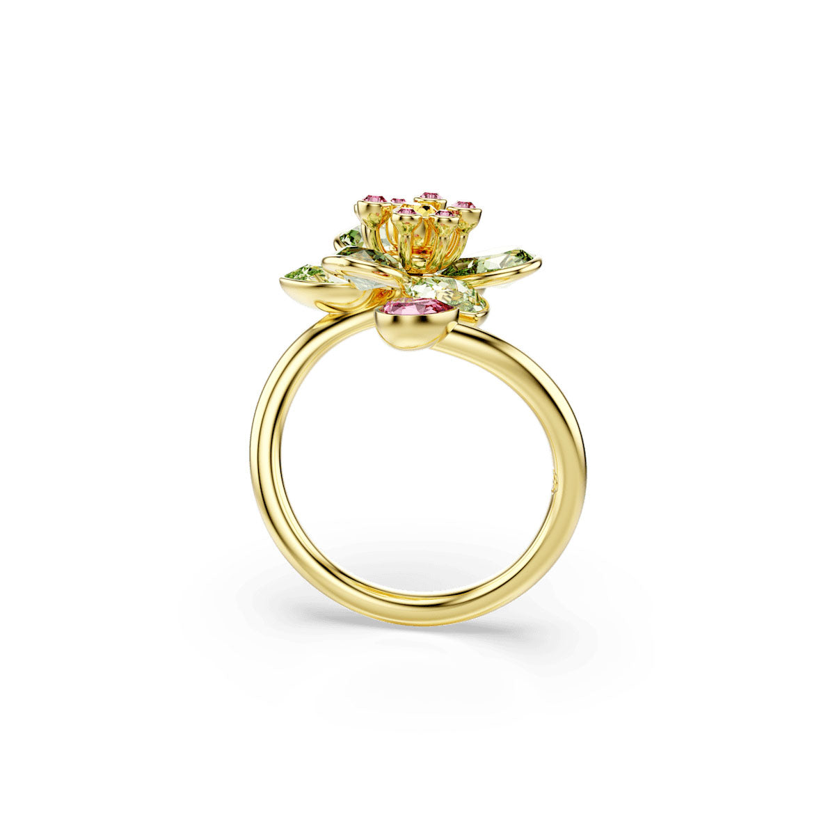 Idyllia open ring, Mixed cuts, Flower, Green, Gold-tone plated
