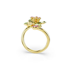 Idyllia open ring, Mixed cuts, Flower, Green, Gold-tone plated