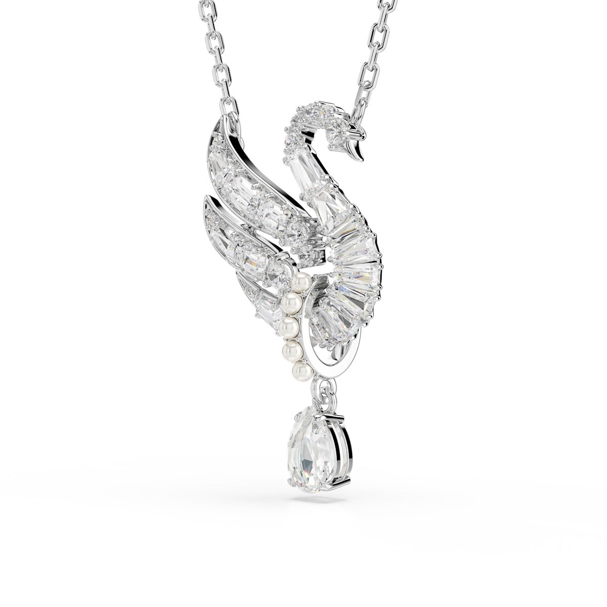 Swan Vienna pendant, Swan, White, Rhodium plated